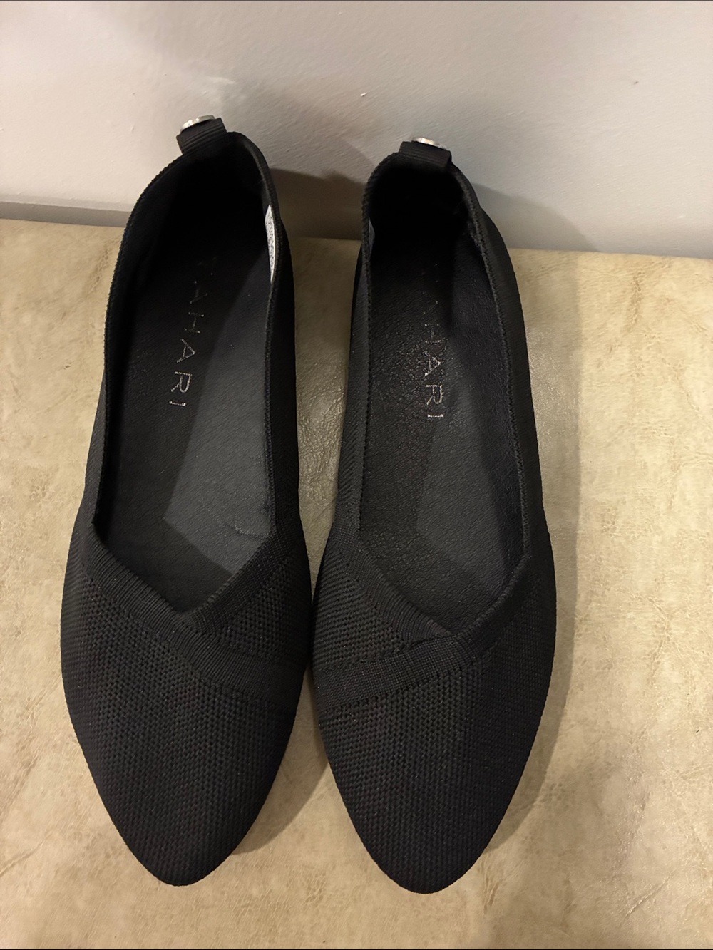 Tahari Black Pointed Knit Slip-On Flats